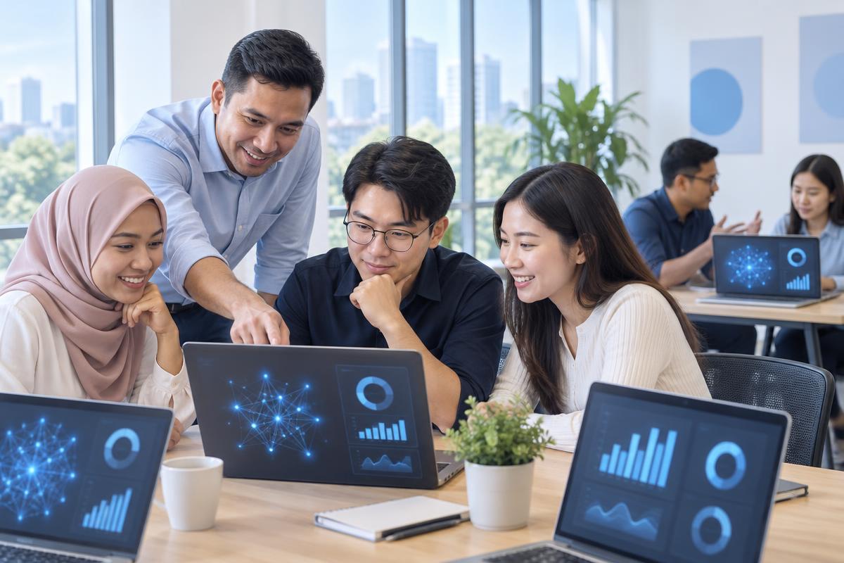 A trainer coaching participants working on AI models at laptops in a training room