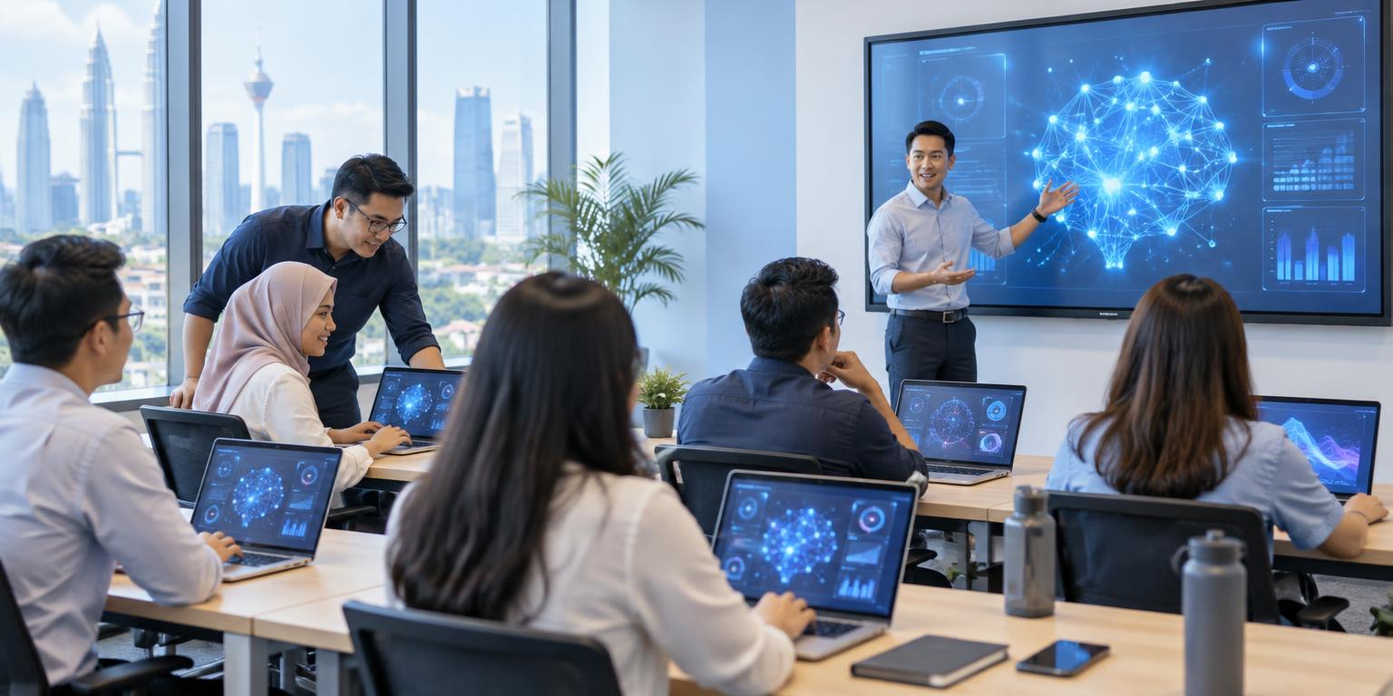 Instructor leading an AI competency training session while participants work on laptops
