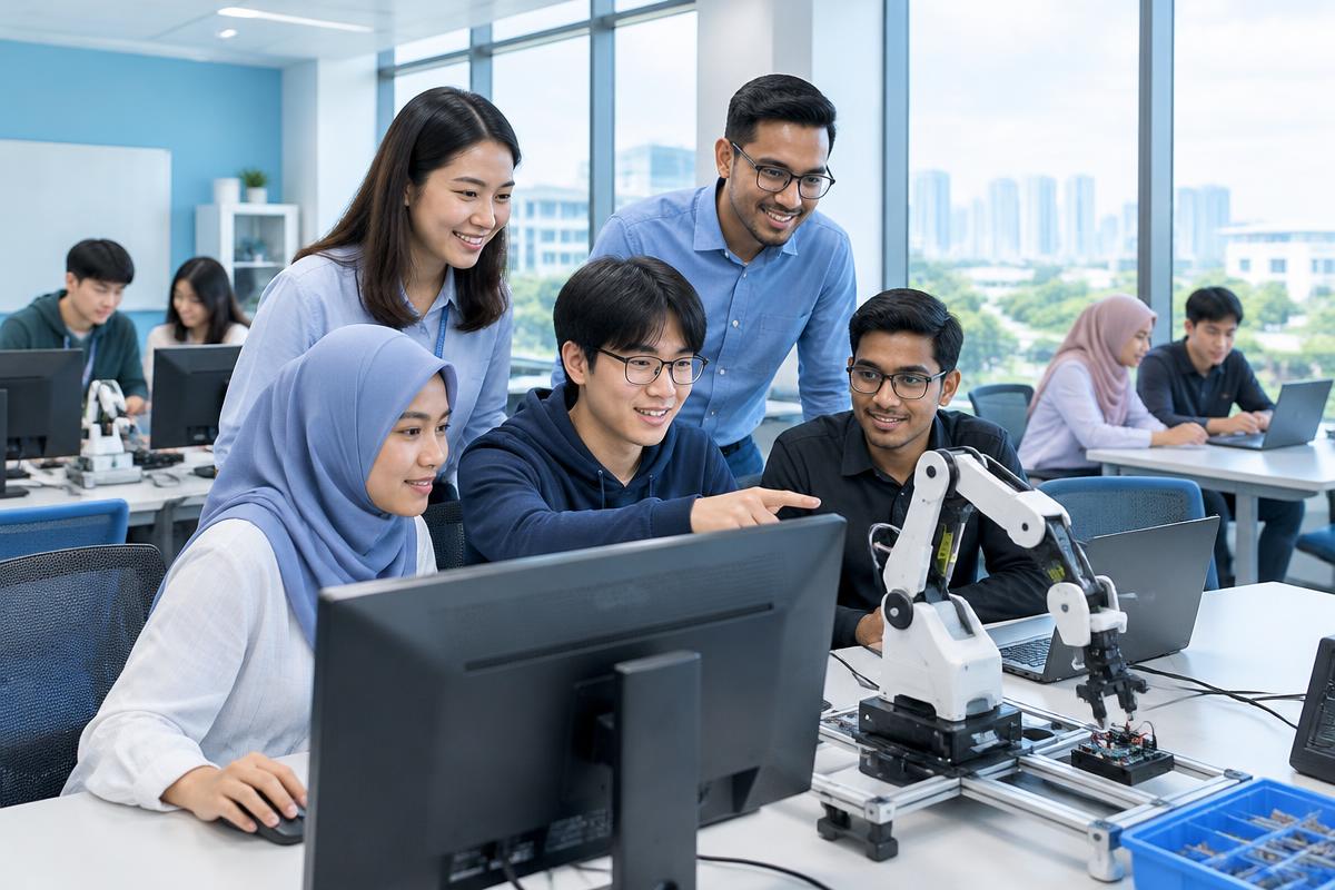 Students and instructors working together in a bright AI classroom